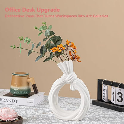 White Ceramic Vase with Knot & Loop Design - 10" Unique Flower Vase for Pampas Grass & Centerpieces, Decorative Boho/Farmhouse Vase for Living Room, Office Desk & Housewarming Gift (for Her/Yourself)