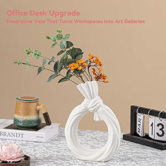 White Ceramic Vase with Knot & Loop Design - 10" Unique Flower Vase for Pampas Grass & Centerpieces, Decorative Boho/Farmhouse Vase for Living Room, Office Desk & Housewarming Gift (for Her/Yourself)