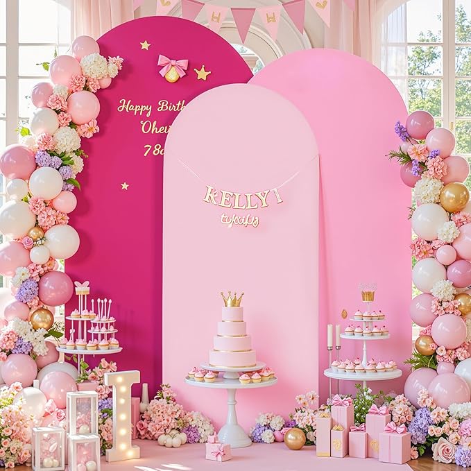 Gradient Pink Arch Backdrop Cover 7.2FT 6.6FT 6FT Arch Covers Stretchy Backdrop Set of 3, Party Arch Cover Spandex Fitted Fabric Hot Pink Wedding Arch Covers for Baby Shower Birthday Party Decoration