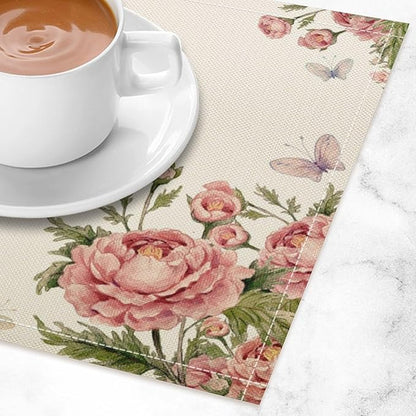 Pink Flowers Placemats Set of 6, 17x12 Inch Rustic Farmhouse Romantic Spring Floral Blossom Butterfly Table Mats for Home Party Kitchen Dining Decor