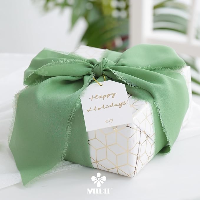 MEEDEE Sage Chiffon Ribbon 3 Inch Green Frayed Ribbons Sage Green Chiffon Silk Light Green Ribbon Wide Chiffon Ribbons for Crafts, Flower Bouquet, Wedding Favors Wrapping (2 Rolls 10 Yards)
