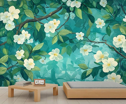 Jasmine Blossom Wall Mural, Elegant Floral Landscape 3D Wall Murals, Nature Turquoise Botanical Wallpaper Mural, for Living Room Bedroom Large Wallpaper Indoor Decor 59" W x39.4 H