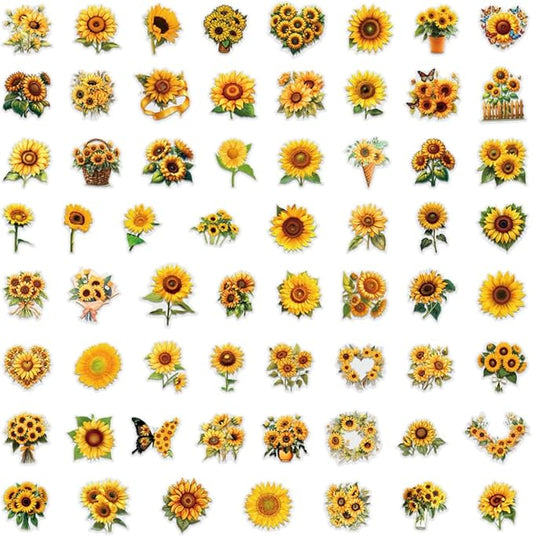 60 Pcs Sunflower Stickers, Transparent Waterproof Vinyl Decals, Aesthetic Floral Stickers for Journaling, Scrapbooking, Laptop, Water Bottle, Phone Case, Summer & Happy Theme Decoration