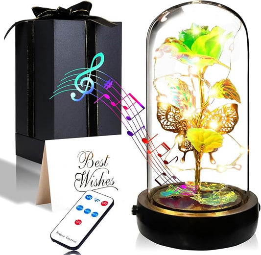 Birthday Rose Flower Gifts for Women, Glass Flower Gift for Mom from Daughter Son, Colorful Green Light Up Rose in Glass Dome with Music Box for Her Wife Grandma