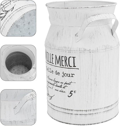 Antique White Galvanized Metal Flower Vase Large Decorative Kettle with Letters Pattern for Desktop Flower Arrangement Home Garden Office Ornament