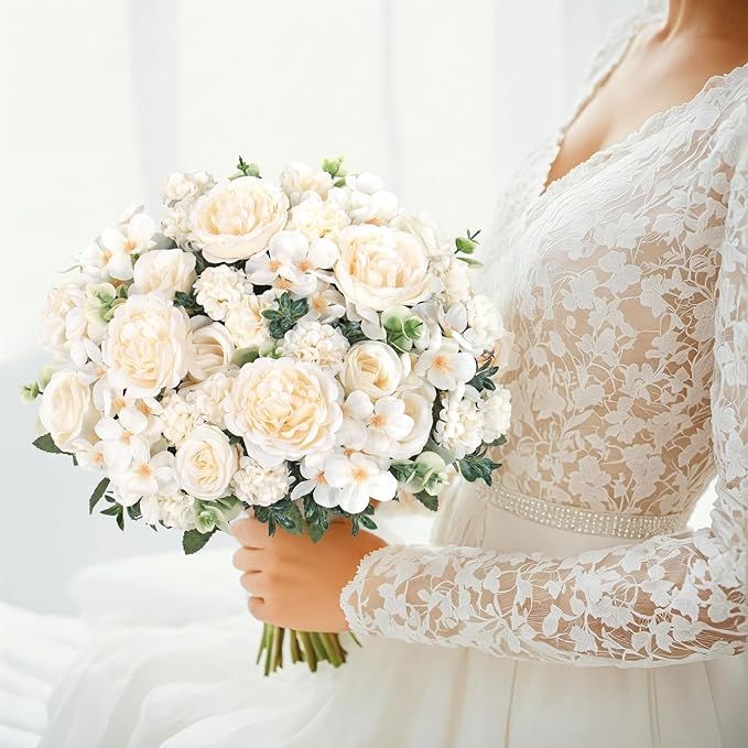 4 Bundles White Peonies Artificial Flowers Silk Flower Centerpieces for Tables Fake Flower Arrangements Bouquets Mixed Roses Hydrangea with Stems for Wedding Bridal Bouquets Home Table Decor