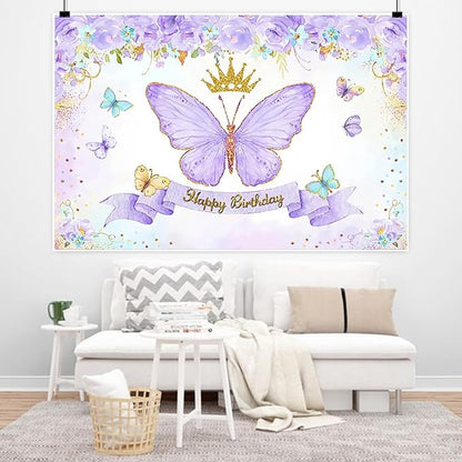 Renaiss 8x6ft Happy Birthday Backdrop Purple Butterfly Flowers Gold Crown Photography Background Daughter Girl Princess Birthday Party Decor Dessert Table Banner Portrait Selfie Group Photo Props