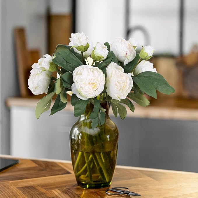 IPOPU Silk White Flowers Artificial Peonies 5PCS 10heads Vintage Fake Peonies Silk Peonies with Stems Real Look for Spring Decorations Floral Arrangements Home Table Centerpiece (White)