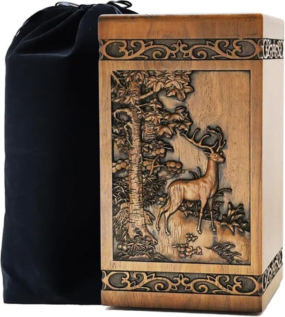 Wooden Cremation Urn for Human Wood Ashes Decorative Box Funeral Urns for Adult Male Female with Velvet Bag Burial or Memorial Keepsake (Deer(XL) 250lbs)