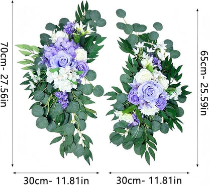 Artificial Wedding Arch Flowers (Pack of 2), White Wedding Flowers for Wedding Welcome Ceremony Sign Faux Floral Swags, Banquet and Reception Backdrop Floral Decoration (White & Purple)
