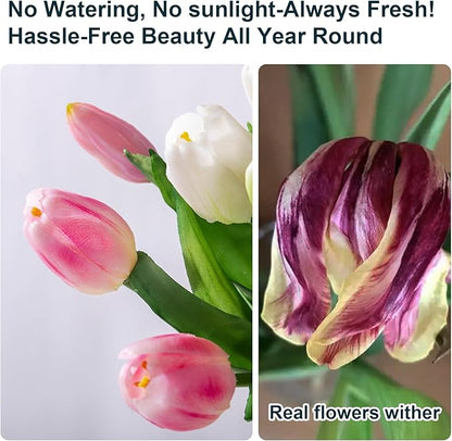 20PCS Fake Tulips Artificial Tulip Silk Flowers Fake PU Bouquet Artificial Flowers Faux Flowers with Gift Box Soft Faux Tulips Bouquets Arrangements for Party Wedding Home