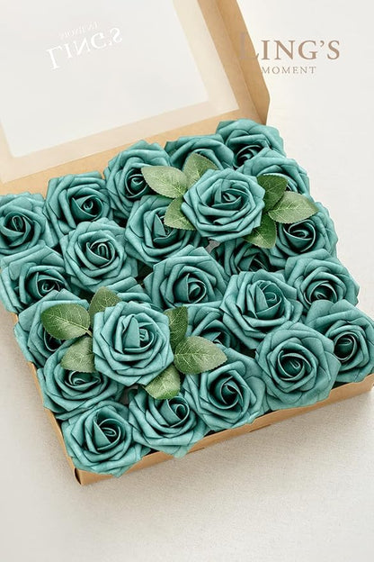 Ling's moment Artificial Flowers 25Pcs Turquoise Roses Decor w/Stems,3" Real Touch DIY Foam Floral for Wedding Bouquet/Centerpieces, Outdoors Party Backdrop, Room/Table, and Garden/Pot Decorations