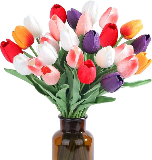 SITUMEIZI Fake Flowers Tulips Artificial Silk Flower 15pcs Real Touch 14" for Spring Easter Home Kitchen Wedding Bouquet Bulk Mother's Gift Day Decorations(Multicolor,6)