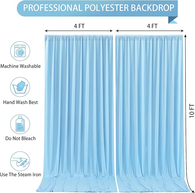 Blue Backdrop Curtains 2 Panels - Wrinkle-Free Light Blue Curtains Polyester Photography Drapes Photo Background for Baby Shower Birthday Party Decorations- 8 X10FT (Blue)