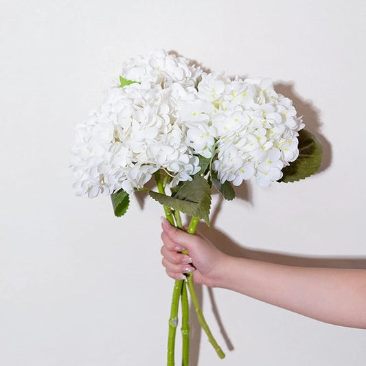 WILD WORKS Artificial Flower Natural Lifelike Real 21 inch Latex Long Stem 4PCS White Hydrangea Flower Bouquets for Christmas Decor Home Party Outdoor Wedding Decoration