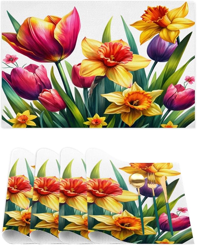 Spring Beautiful Flower Placemats Set of 6 PVC Vinyl Non Slip Table Mats Waterproof Heat Resistant Place Mats Washable Wipeable Dining Table Mat for Kitchen Party Indoor Outdoor Decorative