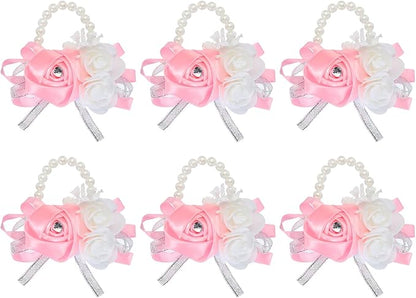 MECCANIXITY 6Pcs Wrist Corsage Artificial Flower Bracelets Rose Wrist Bride Groom Decorative for Wedding Ceremony Prom Party Anniversary Pink