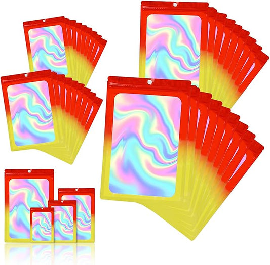400 Pack 4 Size Bags with Clear Window,Scratch Resistant Hand Holographic Packaging Pouch,Resealable Bag for Small Bussiness Cookies Jewelry Candy Sample (Red Yellow, 2.4×3.9,3x4.7,4×7,5.5×7.9 inch)