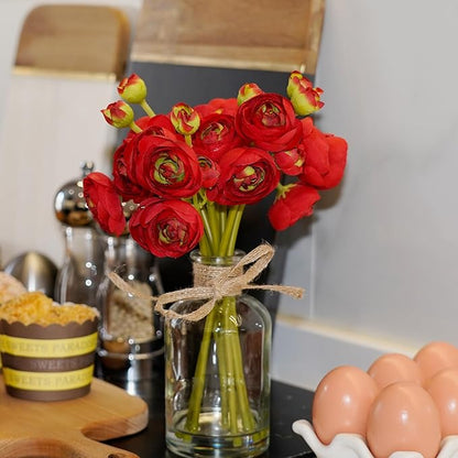 Ranunculus Artificial Flowers with Vase, 8 Pcs Faux Silk Ranunculus Flower in Vase, Small Flower Arrangements for Home Decor Indoor, Table Centerpiece. (Red)