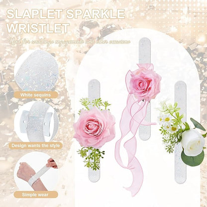 6 Pieces Slaplet Wrist Corsage Bracelets Wristlet Band Floral Corsage Slaplets Wedding Bracelets DIY Wrist Accessories for Bridesmaid Bridal Shower Party Prom