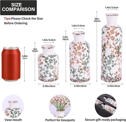 Farmhouse Ceramic Vase Set of 3 – Rustic Floral Pattern Decorative Vases for Home Decor, Vintage Country Style Table Centerpieces for Living Room, Shelf, Mantel & Entryway Decoration