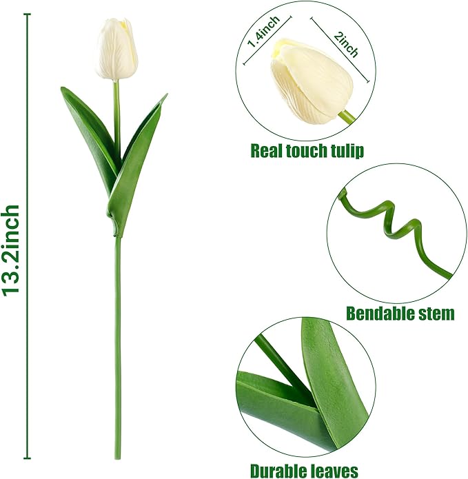Sggvecsy 30 Pcs Fake Tulips Artificial Flowers Real Touch PU Faux Flowers Tulip Stems for Wedding Spring Bouquet Floral Arrangement Home Party Office Decorations for Mother's Day (Milk White)