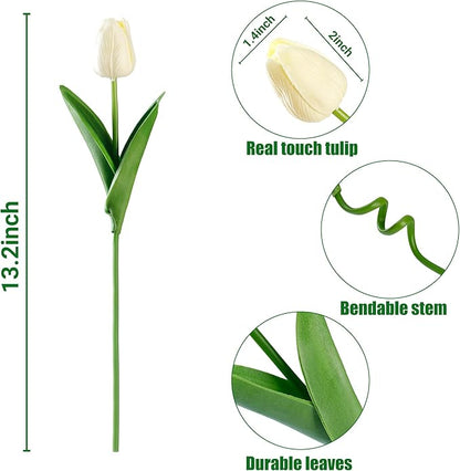 Sggvecsy 30 Pcs Fake Tulips Artificial Flowers Real Touch PU Faux Flowers Tulip Stems for Wedding Spring Bouquet Floral Arrangement Home Party Office Decorations for Mother's Day (Milk White)