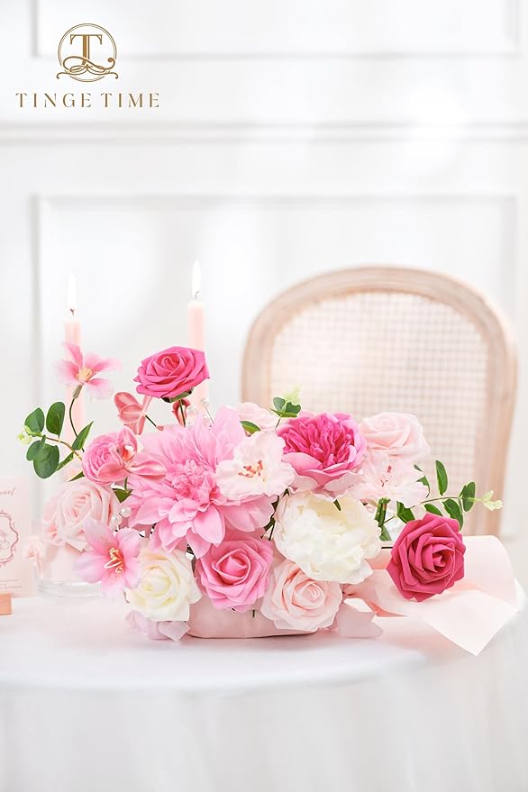 TINGE TIME Artificial Flowers Deep Pink Flower Combo for DIY Wedding Bouquets Table Centerpieces Arrangements Party Baby Shower Home Spring Decorations