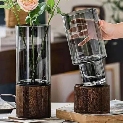 1 PC Simple Creative Wooden Glass Vase Dry Vase Hydroponic Wooden Base Cylindrical Flower Classic Boho Rustic Style for Decoration(Smoky Grey)
