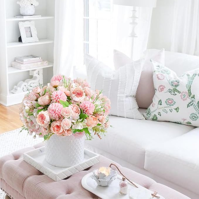 ASTRYAS 4PCS Pink Flowers Artificial Peonies Fake Peony Silk Hydangea for Decoration, Fuax Flowers Arrangements for Wedding Home Party Outdoor Decoration (Pink)
