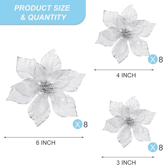 WILLBOND 24 Pcs 3 Size Poinsettia Flower Artificial Christmas Decor Glitter Poinsettia Christmas Ornaments Faux Flowers for Xmas Tree Outdoor(3.2/4/6 Inches,Silver)