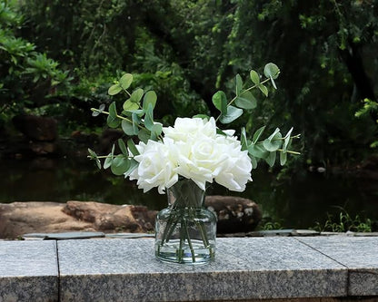 14" Artificial Flowers with White Roses in Vase, Fake Flowers in Artificial Water Vase, Silk Flower Arrangements with Artificial Flowers for Home Dining Table Decor.