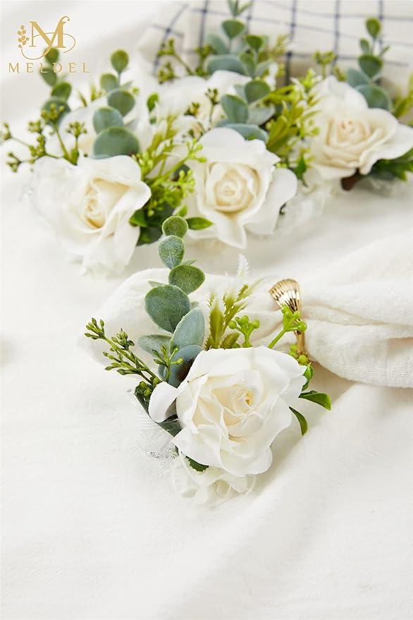 Meldel White Ivory Rose Wrist Corsage, Set of 6, Wedding Bridal Flower Corsage Hand Decor for Prom Party Homecoming, Wristband Flowers Bride, Bridesmaid, Girl