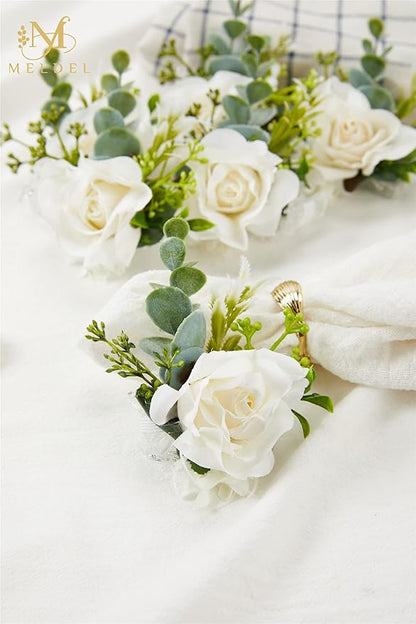 Meldel White Ivory Rose Wrist Corsage, Set of 6, Wedding Bridal Flower Corsage Hand Decor for Prom Party Homecoming, Wristband Flowers Bride, Bridesmaid, Girl