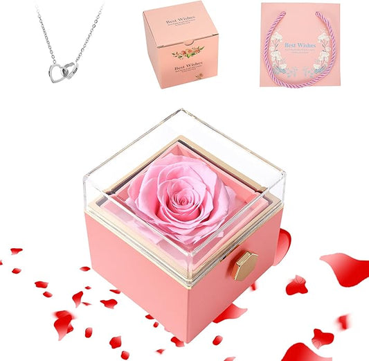 ‌TINGKU Eternal Real Rose Gift Box for Women, Preserved Rose with Customized Name Engraved Heart Necklace, Personalized Romantic Gift for Wife, Girlfriend, Mom, Mother's Day Love Keepsake