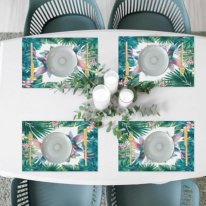 PVC Placemats Set of 6 Summer Palm Leaf Bird Wipeable Table Mats Washable Heat Resistant Non Slip Vinyl Dining Table Mat for Kithen Indoor Outdoor Patio Farmhouse Place Mats Decorative