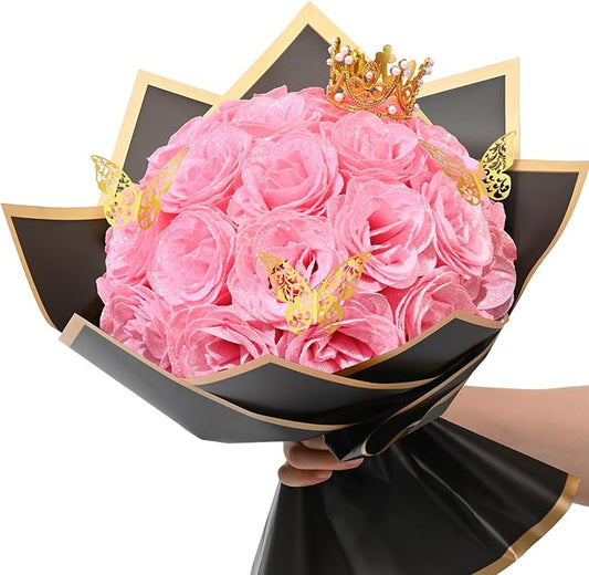 Waipfaru Pink Glitter Roses Bouquet, DIY Fake Flowers Bouquet, Everlasting Shiny Artificial Rose Bouquet for Valentine's Day, Anniversary, Engagement, Wedding, 24 Roses