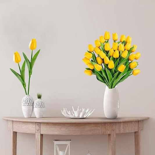 Sggvecsy 30 Pcs Fake Tulips Artificial Flowers Real Touch PU Faux Flowers Tulip Stems for Wedding Spring Bouquet Floral Arrangement Home Party Office Decorations for Mother's Day (Dark Yellow)
