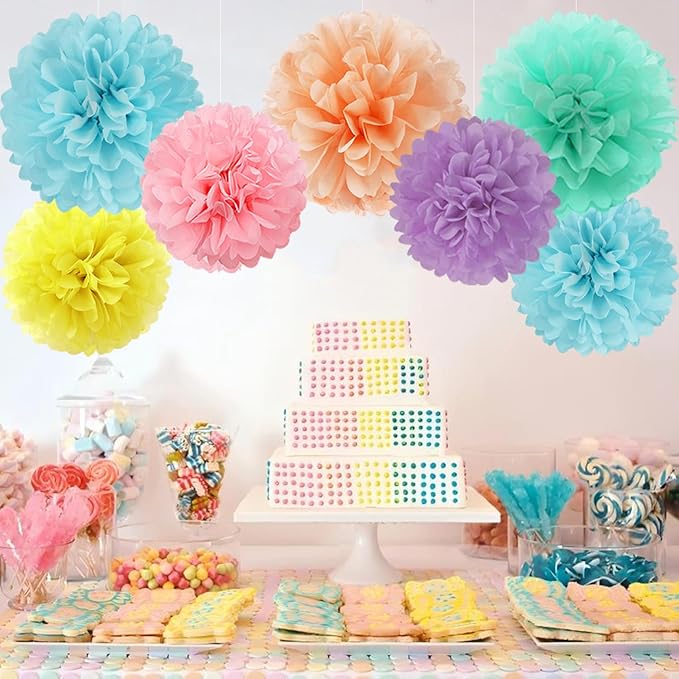 Pastel Paper Flowers Tissue Pom Poms Honeycomb Lanterns 15pcs Party Decorations for Rainbow Colorful Macaron Ice Cream Birthday Baby Shower Easter Carnival Wedding Hanging Supplies Mprocherify