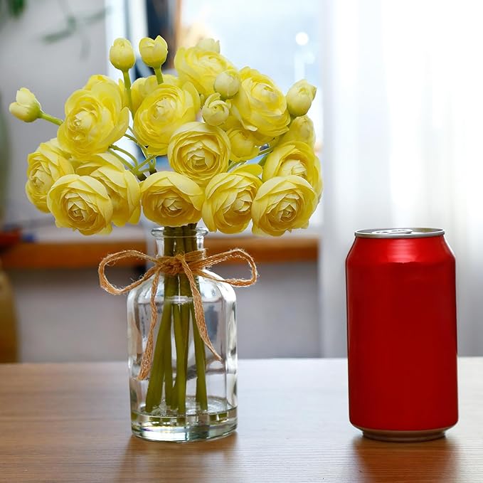 Ranunculus Artificial Flowers with Vase, 2 Pack - 8 Pcs Faux Silk Ranunculus Flower in Vase, Small Flowers Arrangements for Home Decor Indoor, Table Centerpiece. (Light Yellow)