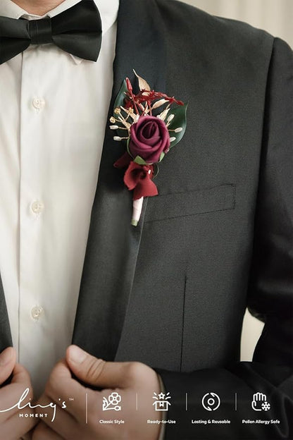 Ling's moment Boutonniere for Men, 6pcs Groom Groomsmen Boutonniere, Artificial Flowers for Wedding Decor/Prom/Homecoming, etc.Marsala Dusty Rose