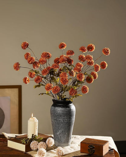 DuHouse 6pcs Artificial Flowers Faux Silk Pompon Mum,Silk Small Mini Chrysanthemum Ball with Stems for DIY Wedding Bouquets Centerpieces Vase Home Table Kitchen Decorations(Burnt Orange)
