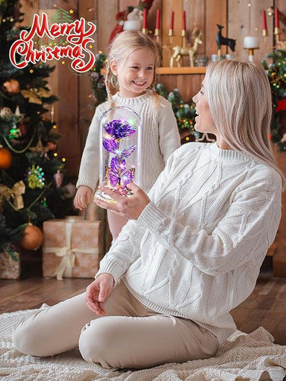 Beferr Christmas Rose Gifts for Women Mom Birthday Gifts, Galaxy Glass Rose Forever Preserved Flowers for Delivery Prime Light Up Rose in Glass Dome with Butterfly Xmas Gifts for Grandma Her Wife