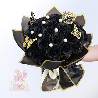 Glitter Roses Bouquet, Shiny Artificial Flowers with Stems DIY Fake Glitter Flowers Bouquet for Valentine's Day, Mother's Day, Anniversary, Graduation, Birthday, 24 Roses (Black)
