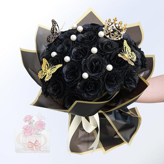 Glitter Roses Bouquet, Shiny Artificial Flowers with Stems DIY Fake Glitter Flowers Bouquet for Valentine's Day, Mother's Day, Anniversary, Graduation, Birthday, 24 Roses (Black)