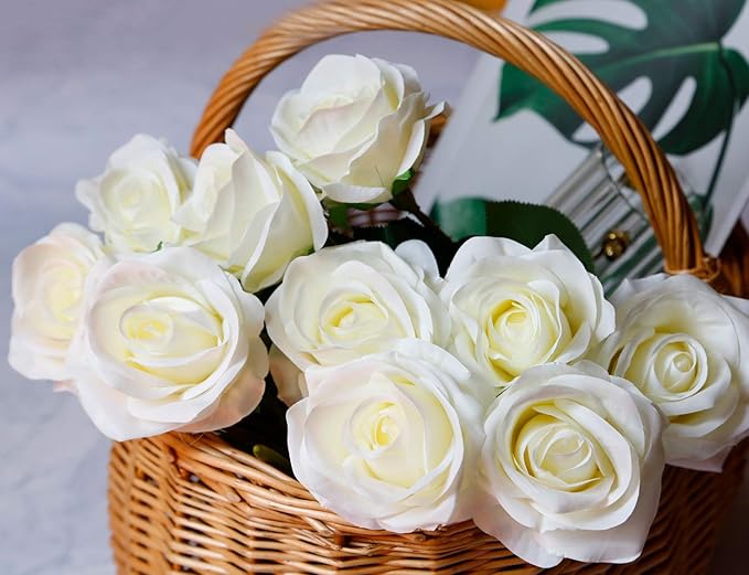 DuHouse 10pcs Fake Roses Artificial Silk Flowers Faux Rose Flower Long Stems Bouquet for Arrangement Wedding Centerpiece Party Home Kitchen Decor(Ivory-White Long Stem)