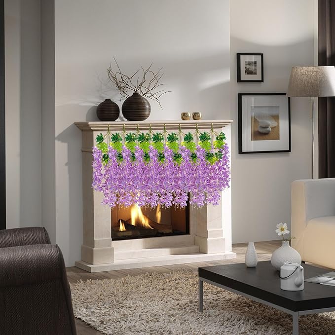 12 Pack Light Purple Wisteria Hanging Flowers Garland with Lights, 3.44 Feet Artificial Flower Vines, Fake Wisteria, Artificial Vines Hanging Garland for Backdrop Outdoor Patio Garden Decor