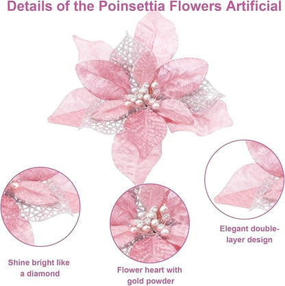 24 Pcs Christmas Poinsettia Flowers Artificial with Clips, 5.9" Christmas Decor Glitter Poinsettia Flowers for Christmas Tree New Year Wedding Party Wreath DIY Garland Decor (Pink)