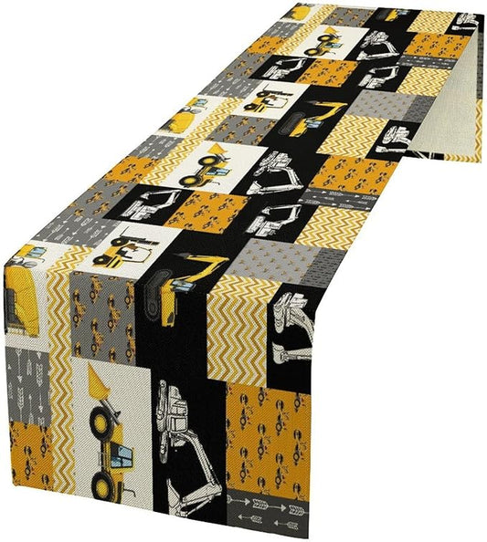 Excavator Table Runner,Boys Kids Construction Vehicles Equipment Trucks Cartoon Car Tablecloth Burlap for Hotel Indoors Outdoor Dining Room Kitchen Holiday Party, 13x60in