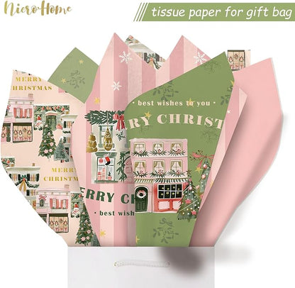 NICROHOME EUR 24 Sheets Christmas Tissue Paper, Sage Green Pink Tissue Wrapping Paper with Christmas Tree House Snowman Socks Pattern, Small Gifts Wrapping Paper for Xmas Crafts Gifts (15 X 20 Inch)
